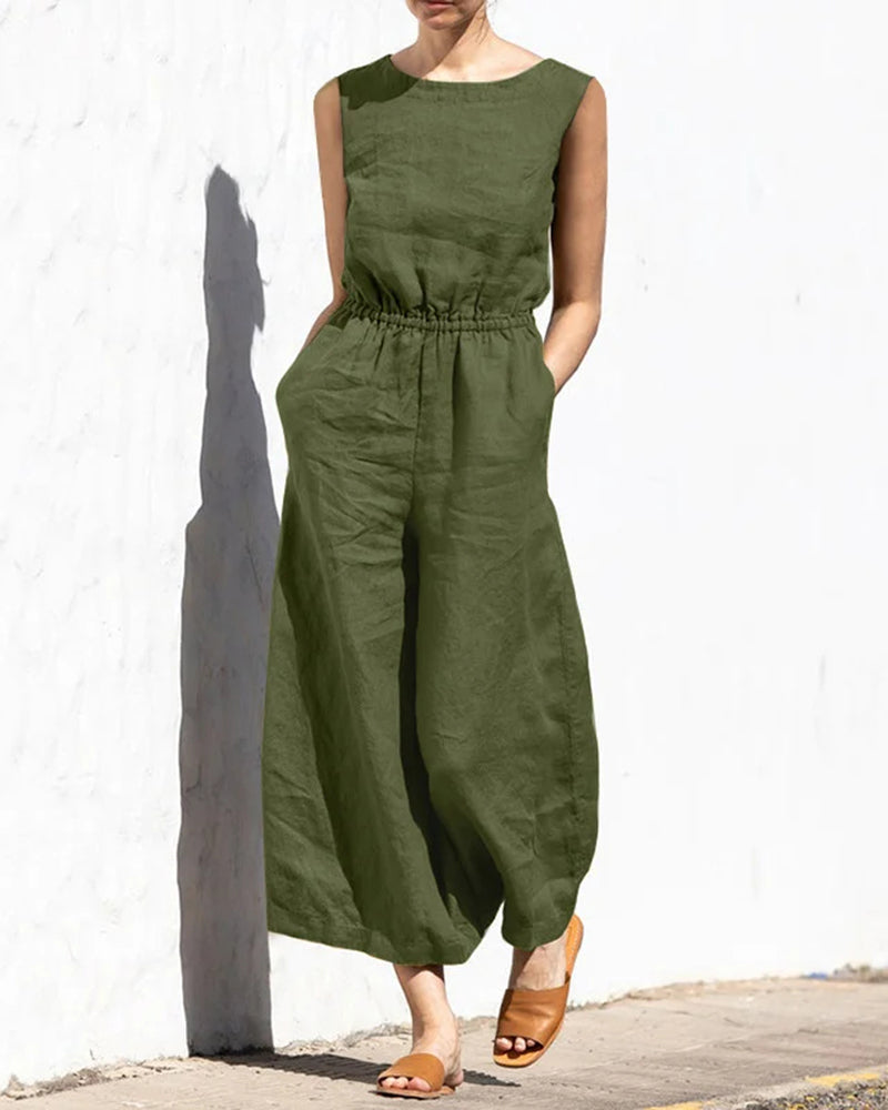 Dames mouwloze jumpsuit met wijde pijpen, perfect voor zomerse dagen. Comfortabel & modieus.