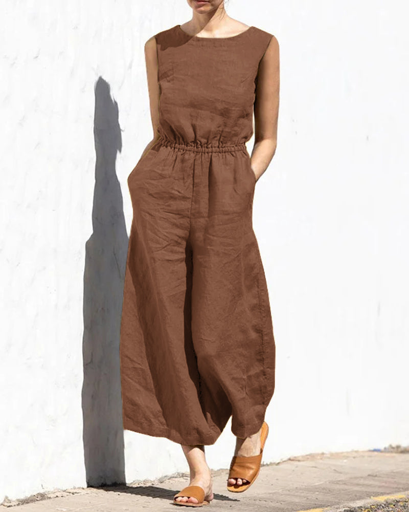 Stijlvolle dames jumpsuit Aurelia, mouwloos en met wijde pijpen. Casual chic voor zomer & lente.