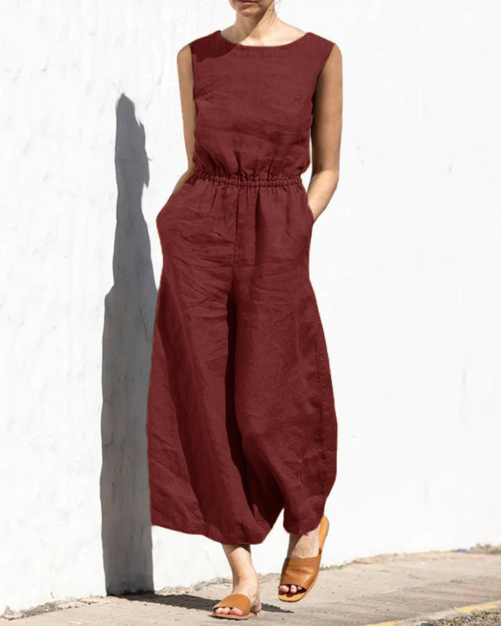 Dames zomerjumpsuit mouwloos met wijde pijpen. Comfortabel en modieus voor een stijlvolle uitstraling.