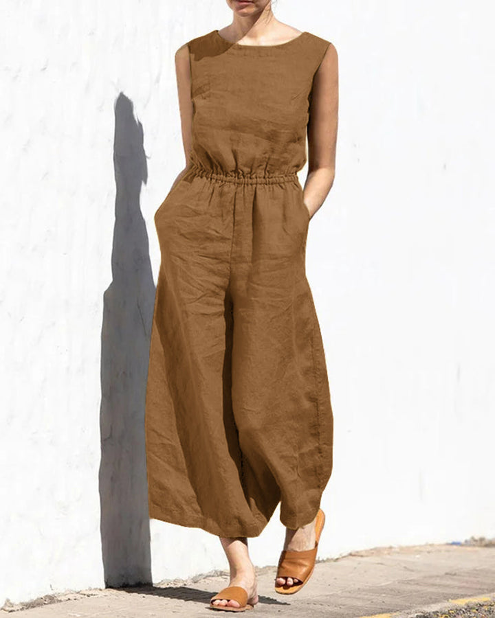 Comfortabele dames overall met brede, wijde pijpen en een luchtig mouwloos design. Zomerklaar!