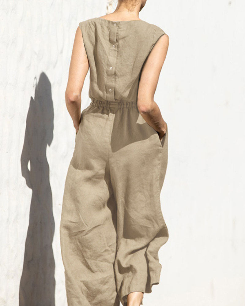Zomerse mouwloze jumpsuit Aurelia voor dames, met flatterende wijde pijpen. Elegant en comfortabel.