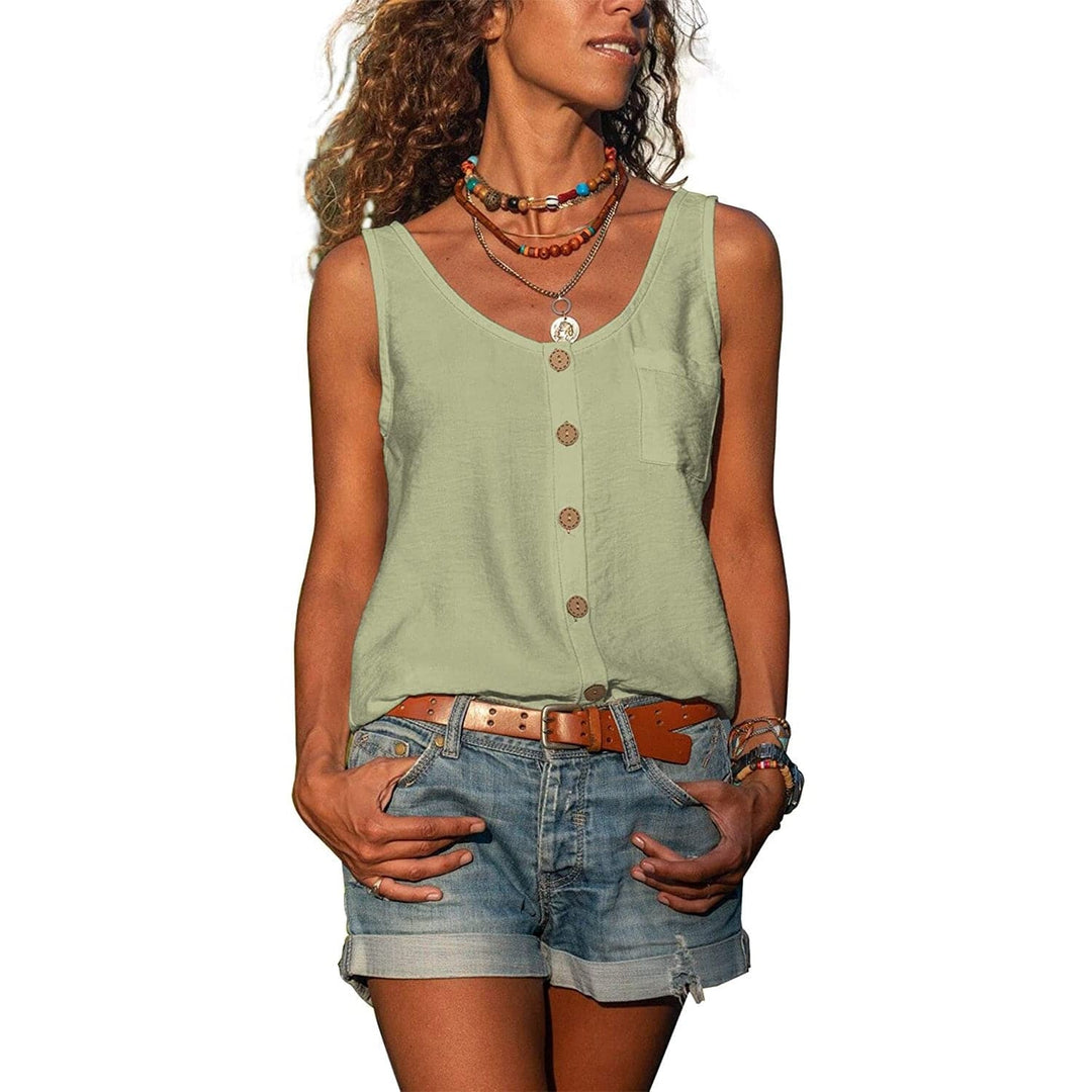 Dames mouwloze top met V-hals en knopen, ideaal voor zomerkleding. Elegante casual dames top.