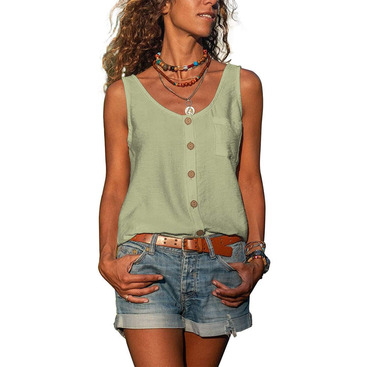 Dames mouwloze top met V-hals en knopen, ideaal voor zomerkleding. Elegante casual dames top.