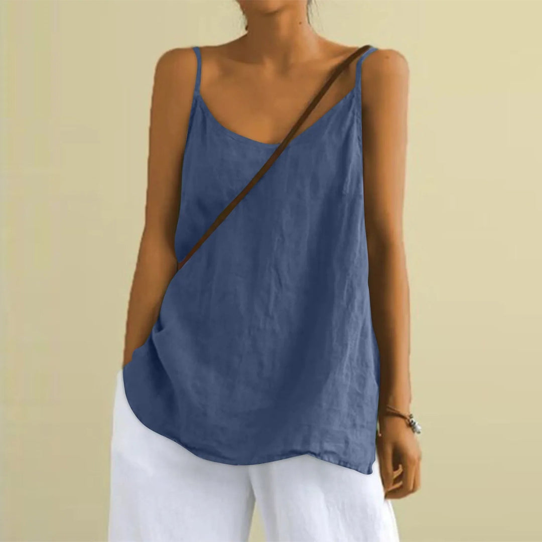 Dames mouwloze zomertop met V-hals, ideaal voor casual comfort en warme dagen. Modieuze losvallende strandkleding.
