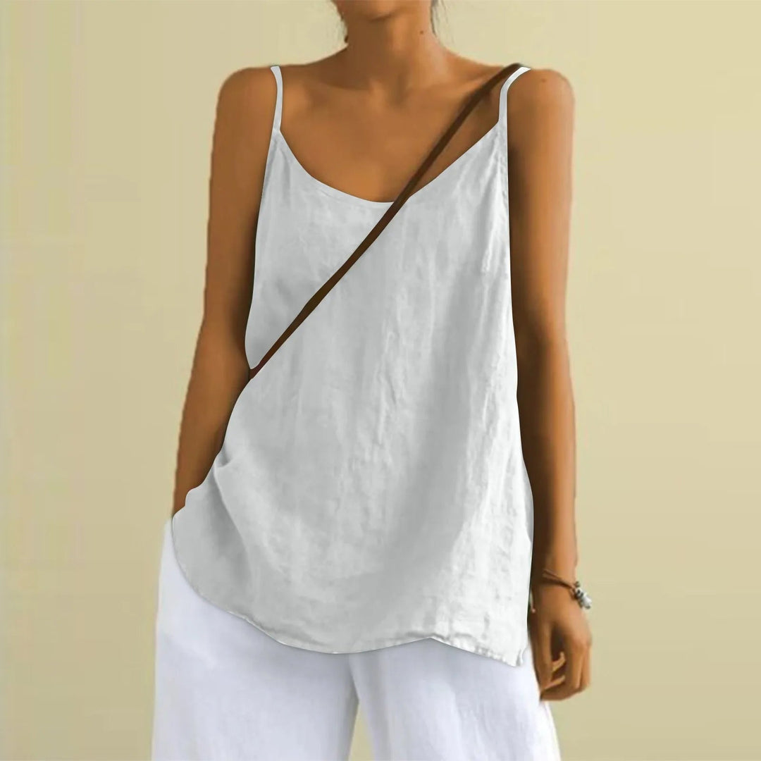 Comfortabele dames zomertop met elegante V-hals en mouwloos design. Perfect voor casual of strandmode.