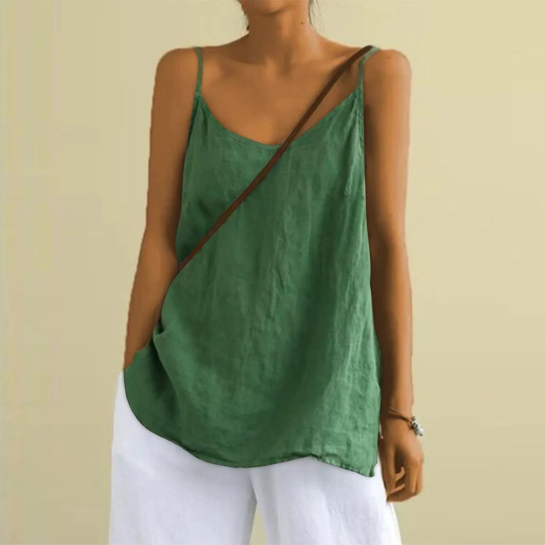 Stijlvolle mouwloze zomertop voor dames met een diepe V-hals. Perfect voor casual comfort en als strandkleding.