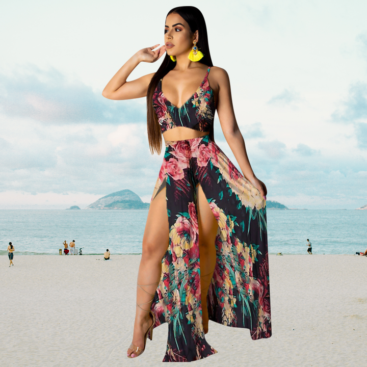 Lange damesrok met hoge split van de Naïma zomerset, ideaal voor elegante avonden of vakantiekleding.