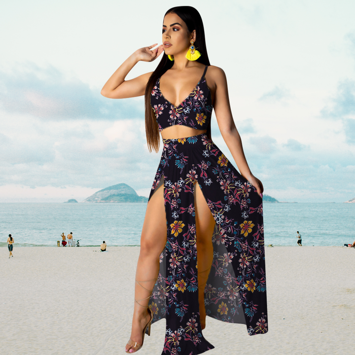 Elegante Naïma zomerset: een comfortabele haltertop en lange rok met split, ideaal voor een stijlvolle vakantie.