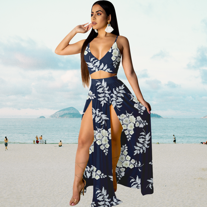 Complete Naïma zomeroutfit: haltertop en lange rok met split, ideaal voor een relaxte maar stijlvolle look.