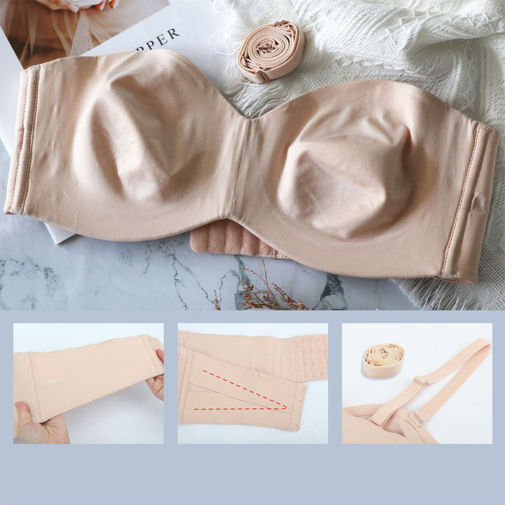 Beige naadloze bandeau bh voor dames, onzichtbaar onder kleding en met afneembare bandjes.