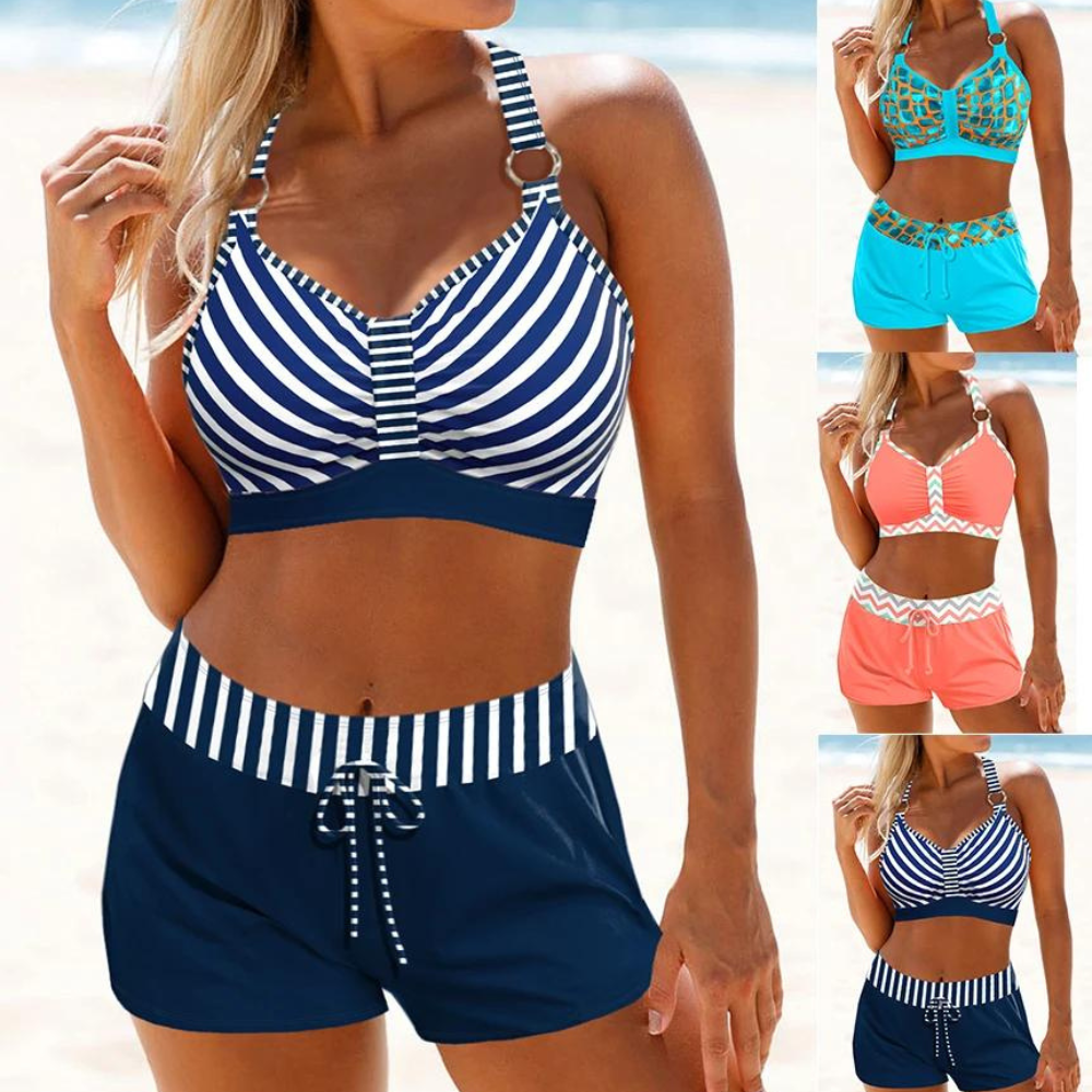 Dames nautische bikini zwemset in stijlvol blauw en roze, perfect voor zomerse stranddagen.