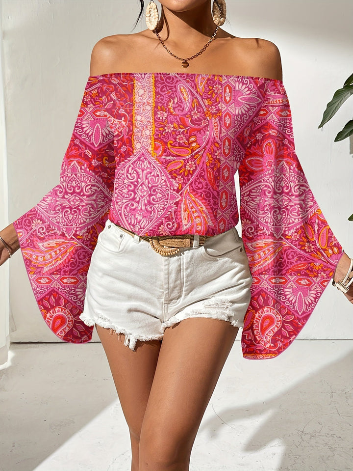 Modieuze off-shoulder top voor dames, wijdvallend met elegante geometrische print, Noémie collectie.