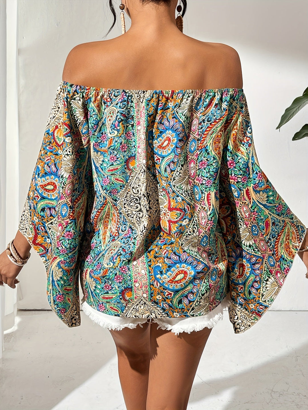 Dames lente/zomer off-shoulder blouse, geometrische print, comfortabel en modieus voor warme dagen.