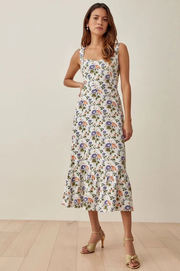 Dames Norelle midi-jurk met levendige bloemenprint en uitlopende pasvorm. Perfecte zomer bandjesjurk.