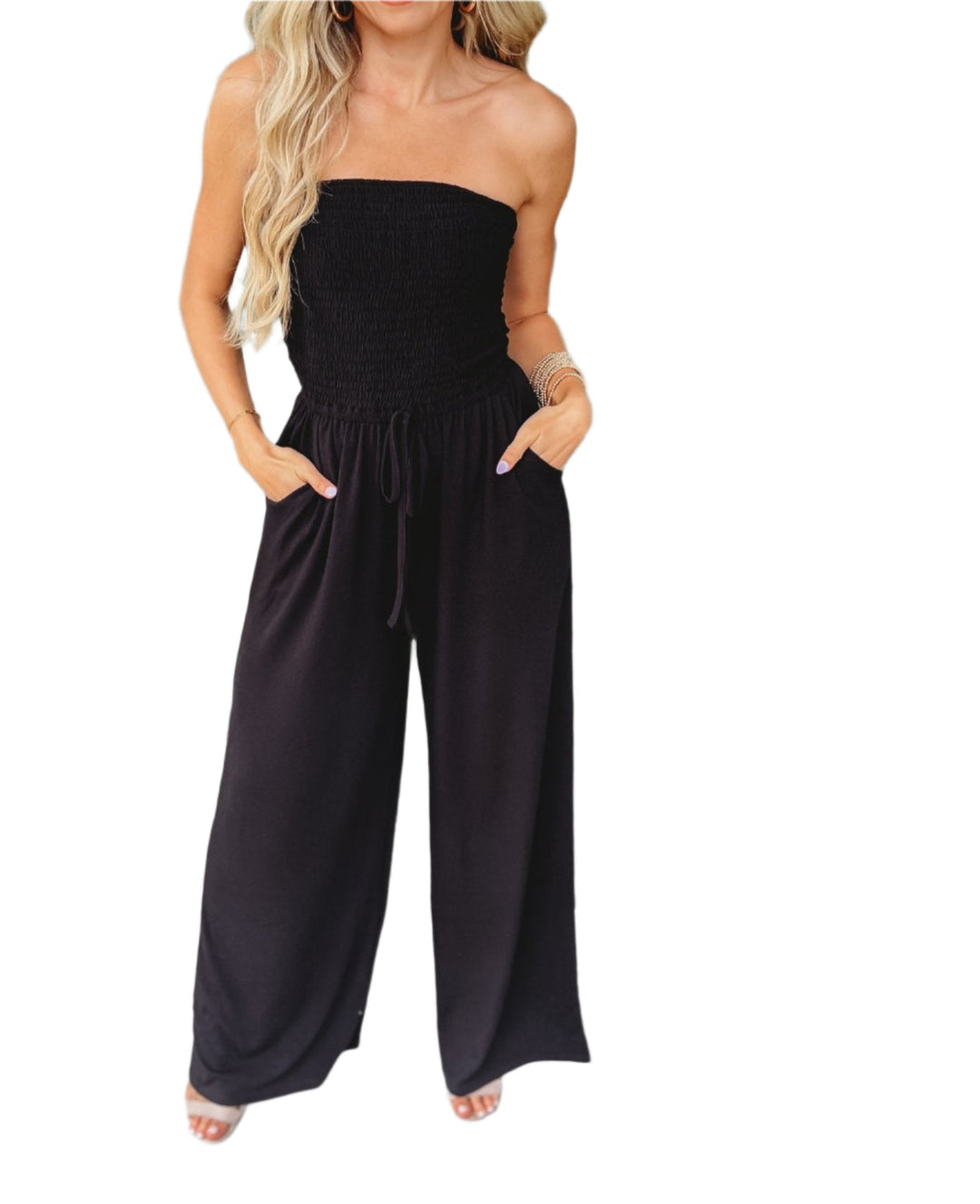 Comfortabele en stijlvolle off-shoulder jumpsuit voor dames, met wijde pijpen, essentieel voor zomerkleding.