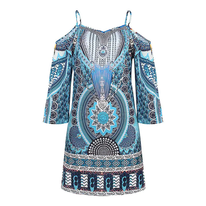 Speelse off-shoulder zomerjurk Eliana voor dames, met levendige etnische print; comfortabel en stijlvol.