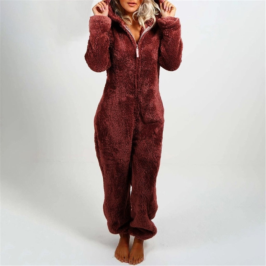 Zachte dames onesie huispak, perfecte loungewear voor ultiem comfort en ontspanning tijdens koude dagen.