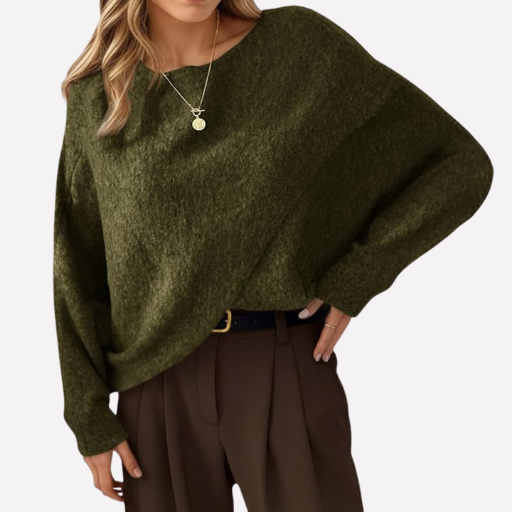 Comfortabele dames pullover met batwing mouwen, oversized pasvorm en ronde hals, perfect voor laagjes in de herfst.