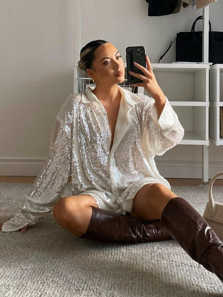 GlitteryDress™ damesblouse met sprankelende glansstof, ideaal voor een stijlvolle casual outfit.