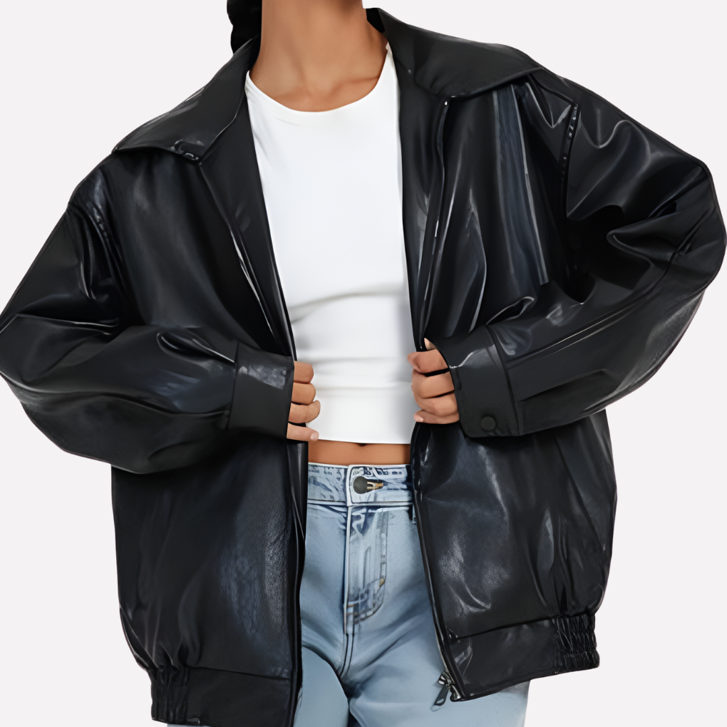 Dames oversized bomberjack in zwart, stijlvol en comfortabel voor een casual look, geweven buitenkleding.