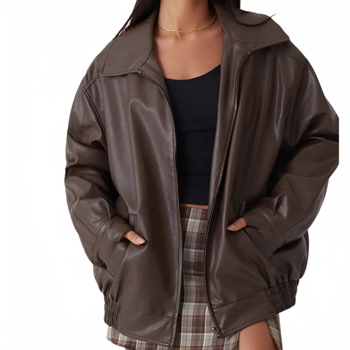Bruin dames oversized bomberjack, modern en comfortabel, perfect voor alle seizoenen. Stijlvolle buitenkleding.