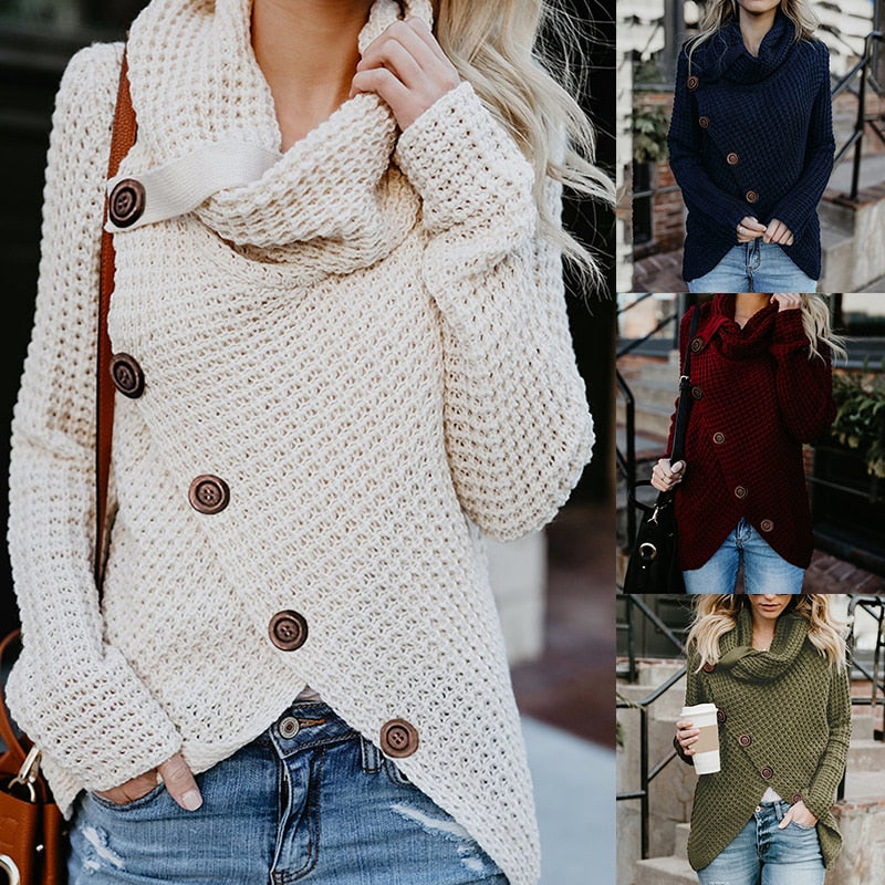 Dames oversized coltrui Hailey met asymmetrische hals en stijlvolle knopen, elegant voor herfst/winter.