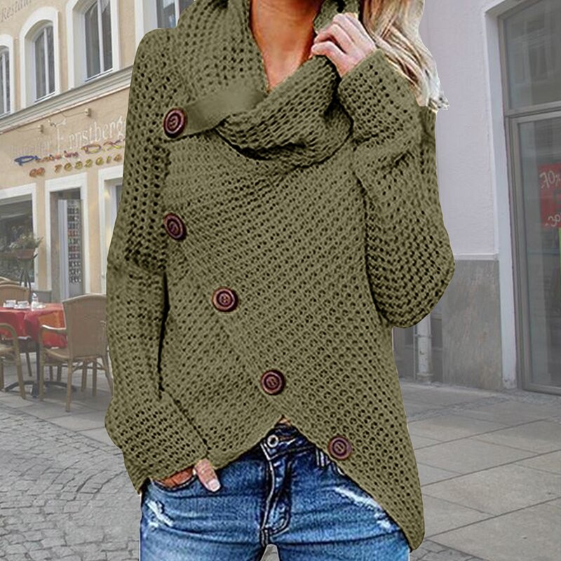 Dames coltrui Hailey: oversized, asymmetrische hals, elegante knoopdetails. Modieuze en comfortabele wintermode.