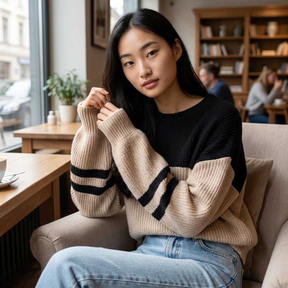Comfortabele oversized dames pullover met trendy kleurblok strepen en vleermuismouwen, perfect voor dagelijks gebruik.