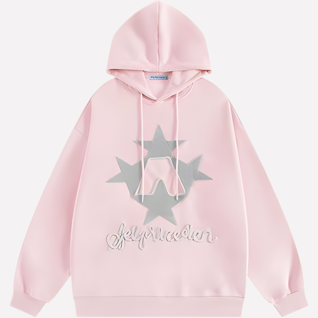 Zicht op de trendy sterprint van de zachte oversized dames hoodie. Comfortabele pullover met capuchon en losse pasvorm.