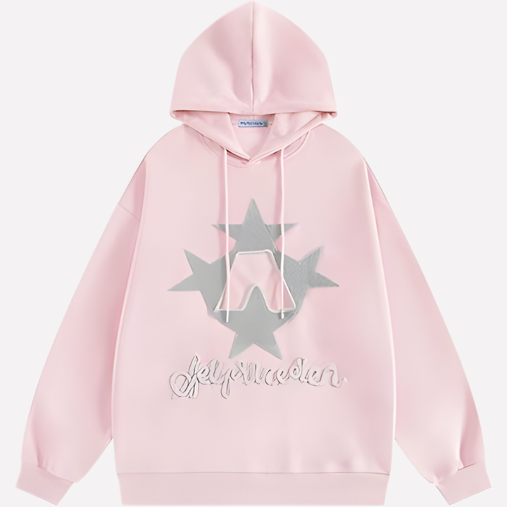 Zicht op de trendy sterprint van de zachte oversized dames hoodie. Comfortabele pullover met capuchon en losse pasvorm.