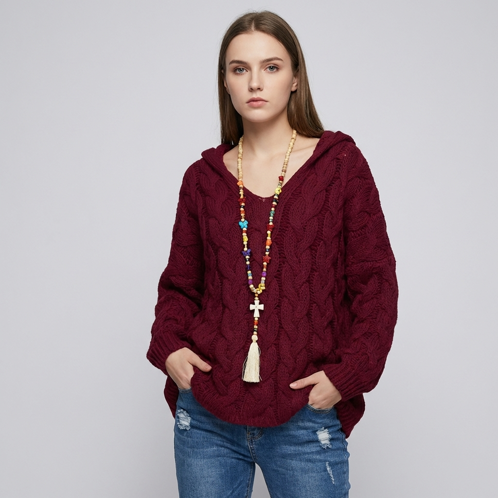 Dames oversized kabelgebreide V-hals trui. Stijlvolle wintertrui voor casual comfort en herfstmode.