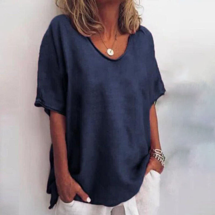 Luchtig comfortabel oversized V-hals T-shirt voor dames; perfect voor warme zomerse dagen en casual mode.
