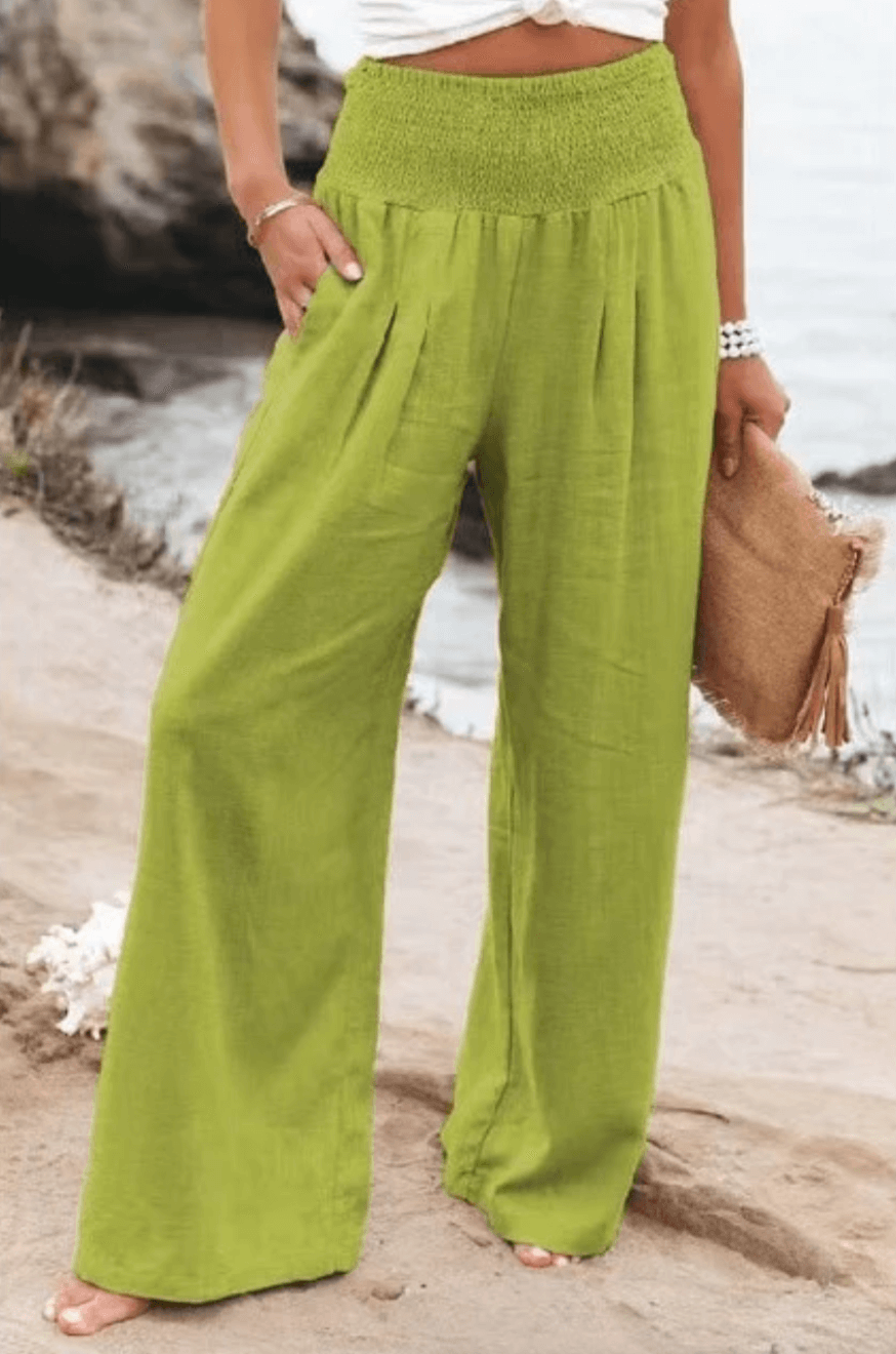 Dames palazzo broek met elastische hoge taille. Comfortabel en modieus in bohemian stijl.