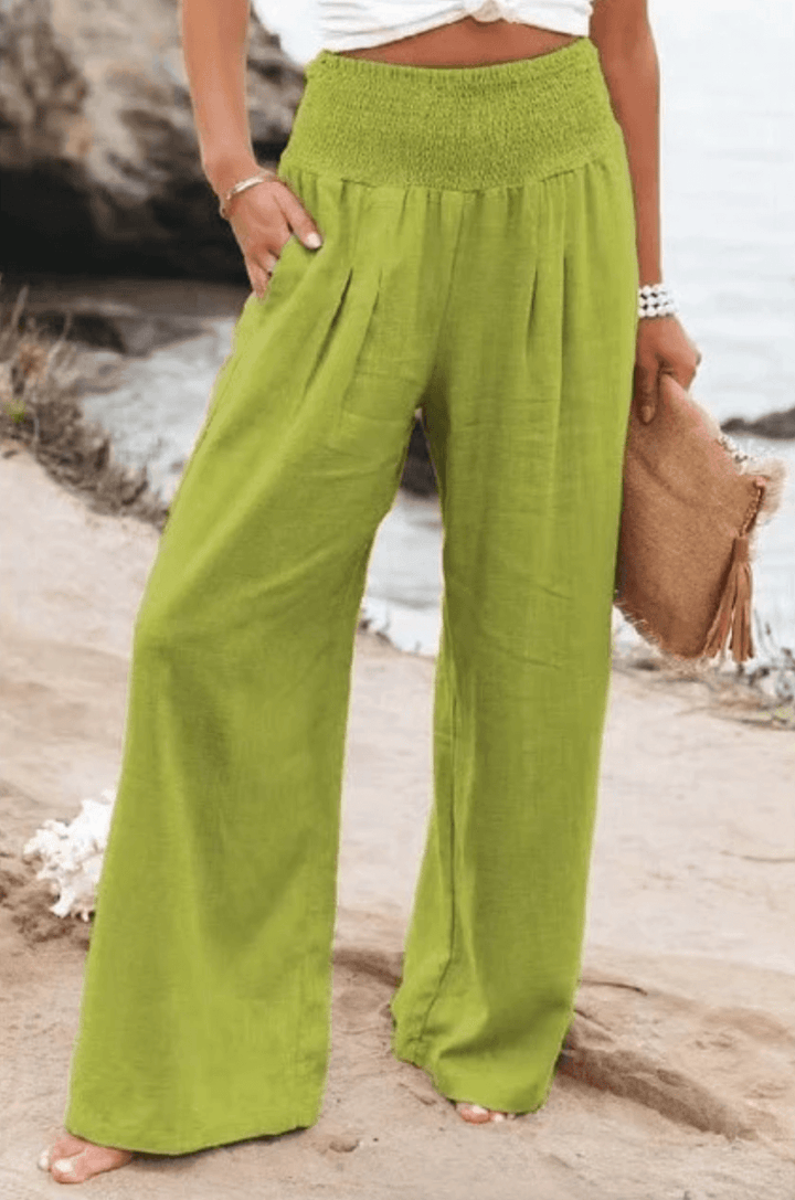 Dames palazzo broek met elastische hoge taille. Comfortabel en modieus in bohemian stijl.