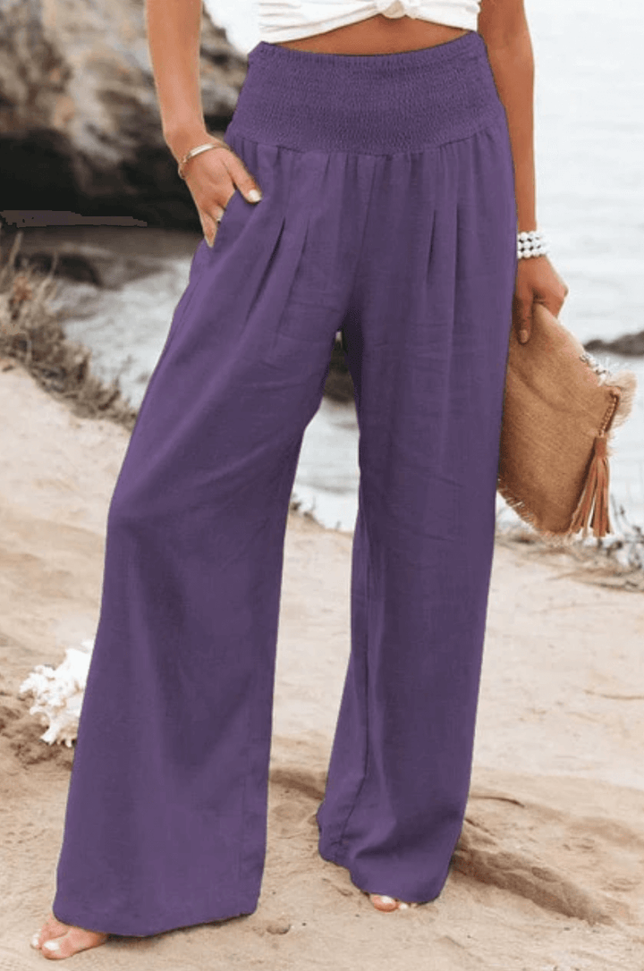 Trendy damesbroek: palazzo model met boho flair, comfortabele wijde pijpen en hoge taille.