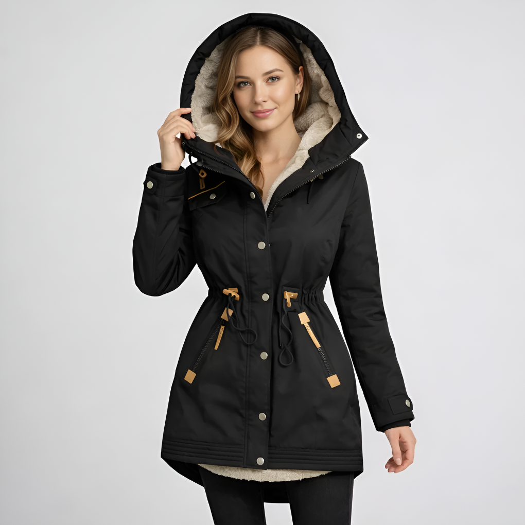 Dames parka met gevoerde capuchon en verstelbaar taillekoord voor winterwarmte en een stijlvolle look.
