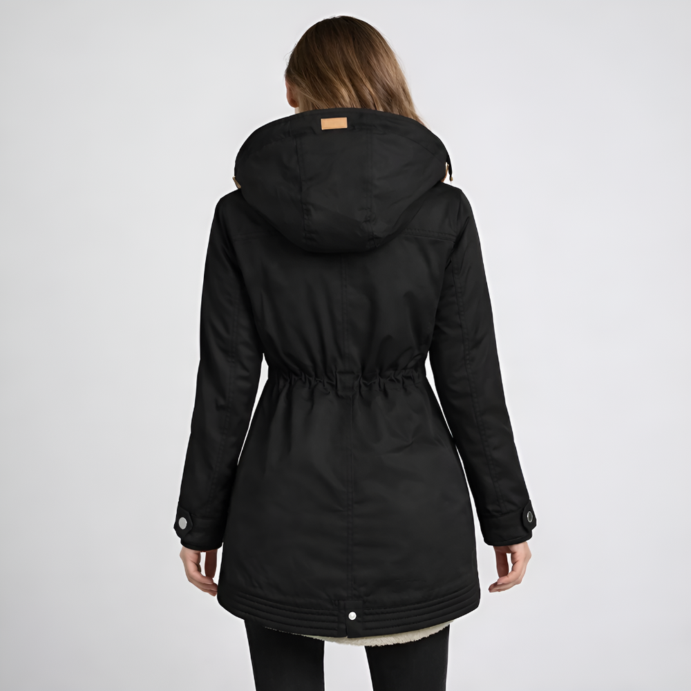 Warme dames winterjas: middellange parka met gevoerde capuchon en trekkoord in de taille, ideaal voor koud weer.