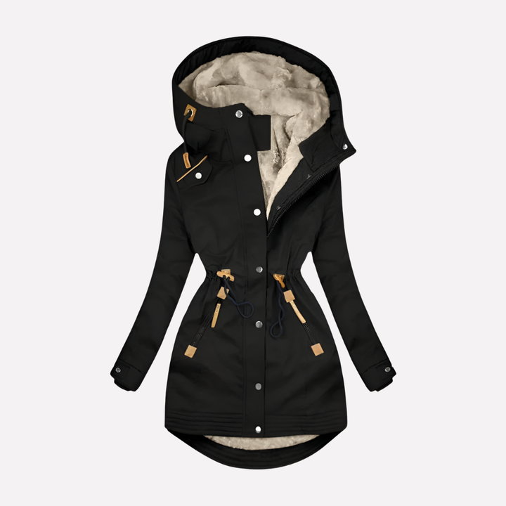 Stijlvolle casual dames parka met gevoerde capuchon en aanpasbaar taillekoord; perfecte herfst- en winterjas.