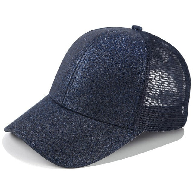 Glitter dames pet met opening voor hoge paardenstaart, een trendy accessoire voor uw kapsel.