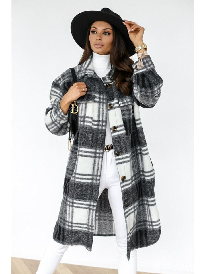Vier seizoenen damesjas in plaid design, een stijlvolle geruite jas die comfort en veelzijdigheid biedt.