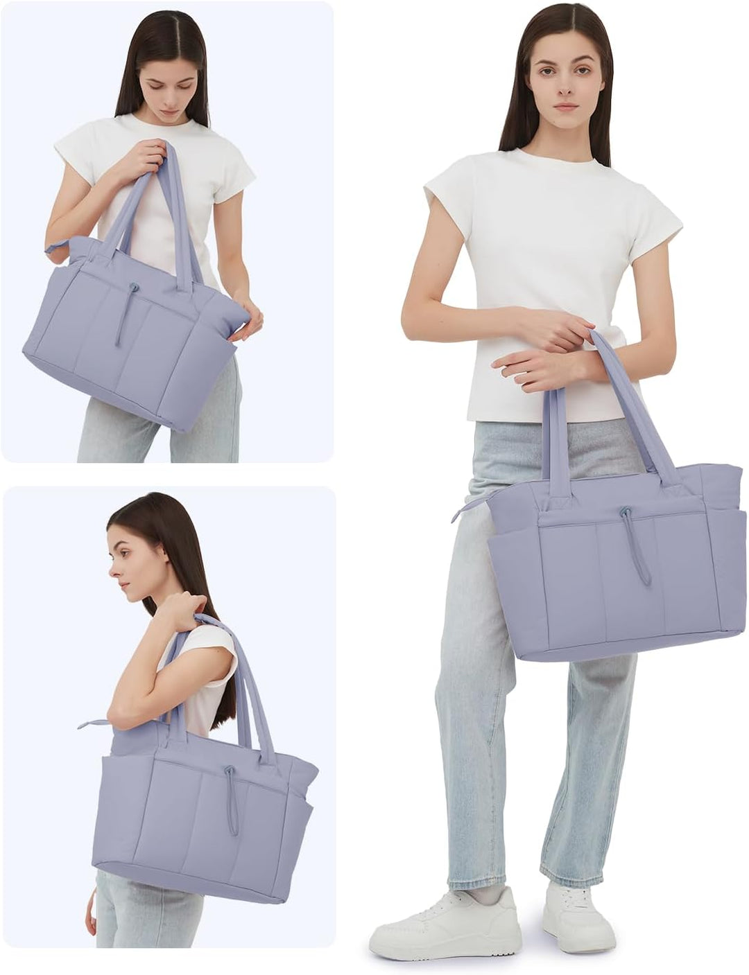 Dames tote bag met meerdere organisatievakken, inclusief laptop- en bekerhouder.