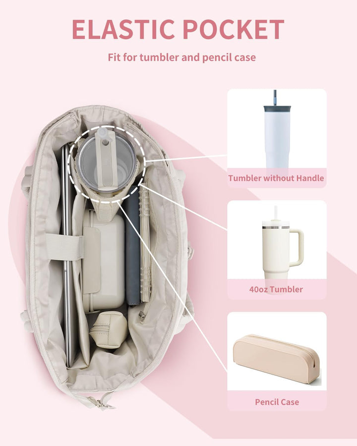 Functionele puffer tas voor dames met organisatievakken, voor werk en reizen.