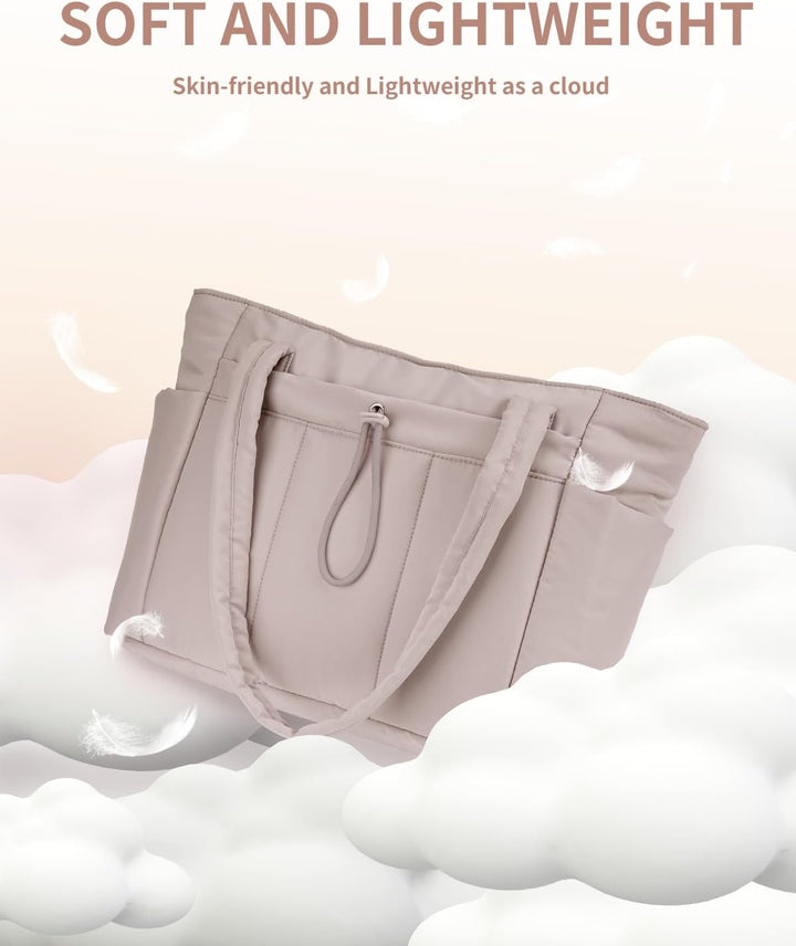 Beschermende laptoptas in dames puffer tote, veilig voor je laptop.