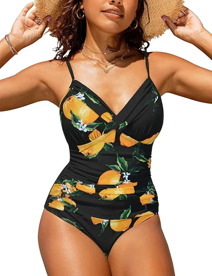 Elegant dames badpak met push-up cups en V-hals. Ideaal voor zwembad en zon.