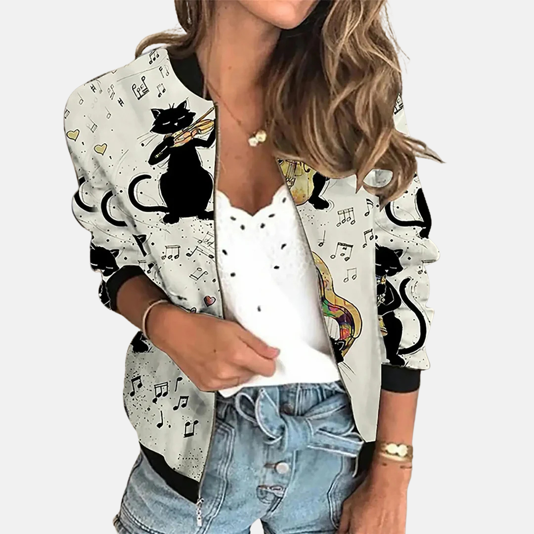 Stijlvol dames bomberjack Zoë, retro print voor een unieke look. Ideaal als casual of overgangsjas voor vrouwen.