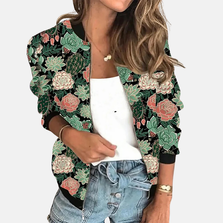 Stijlvolle dames bomberjas Zoë met trendy retro print. Perfect als unieke overgangsjas voor een casual look.