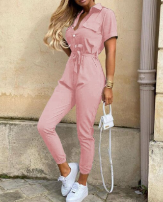 Tijdloze stijl: Velia dames jumpsuit met knoopsluiting, lange mouwen, een must-have voor retro liefhebbers.