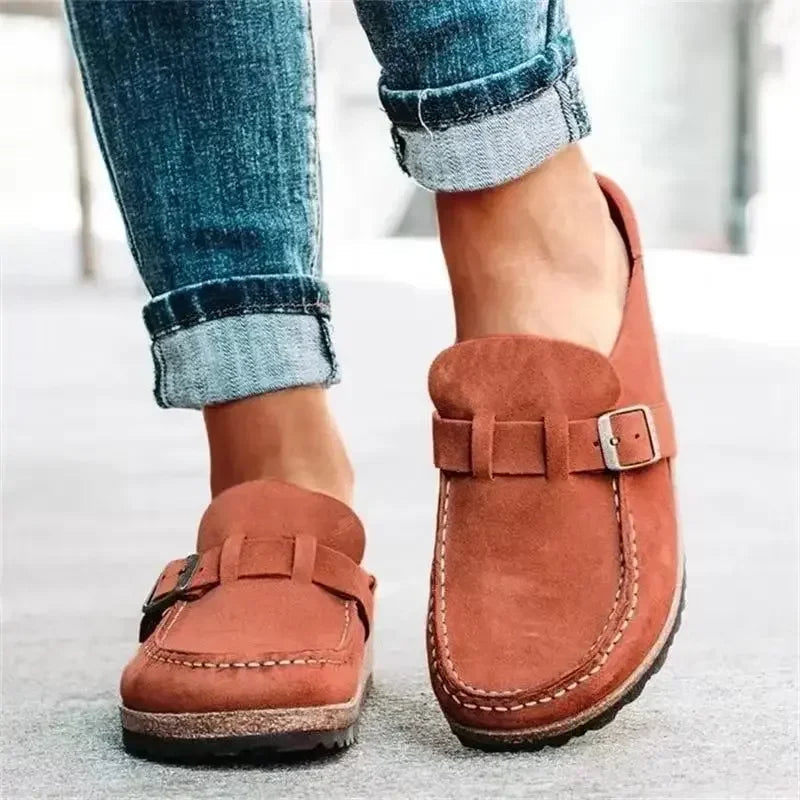 Dames retro platte muiltjes met gesp, comfortabele instappers van imitatieleer voor lente/herfst casual mode.