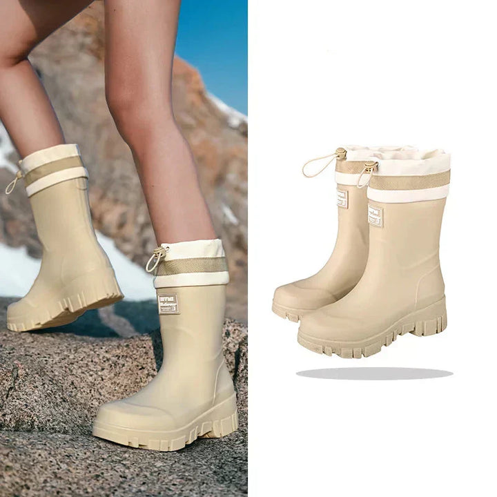 Comfortabele en waterdichte retro regenlaarzen voor dames, met antislipzool voor veiligheid op natte ondergrond.