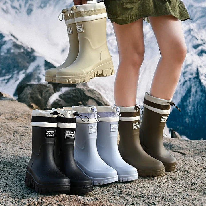 Stijlvolle dames regenlaarzen met retro design, comfortabel & waterdicht voor elk weer. Met antislipzool.